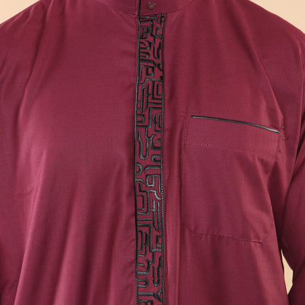 Mens Wine Thobe Jubba Emirati Islamic Arabic Eid Embroidery Kaftan Jubbah Robe