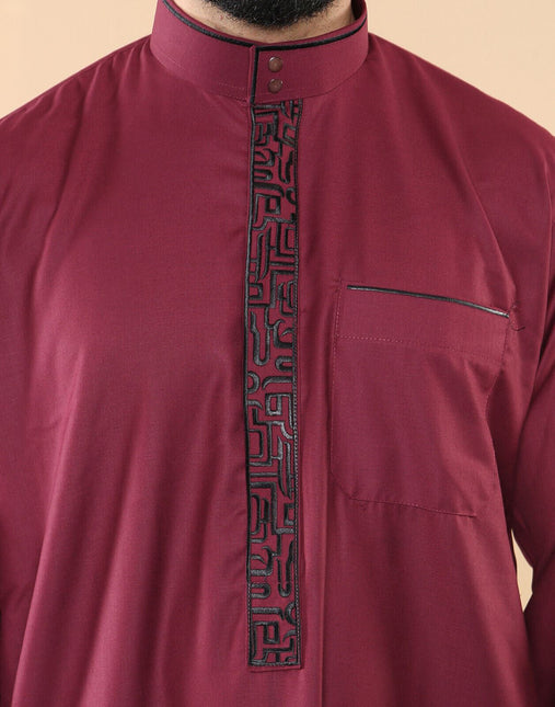 Mens Wine Thobe Jubba Emirati Islamic Arabic Eid Embroidery Kaftan Jubbah Robe