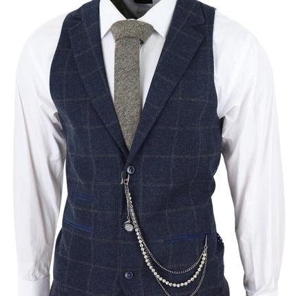 Mens 3 Piece Wool Suit Navy Blue Tweed Check Peaky Blinders 1920 Gatsby Formal