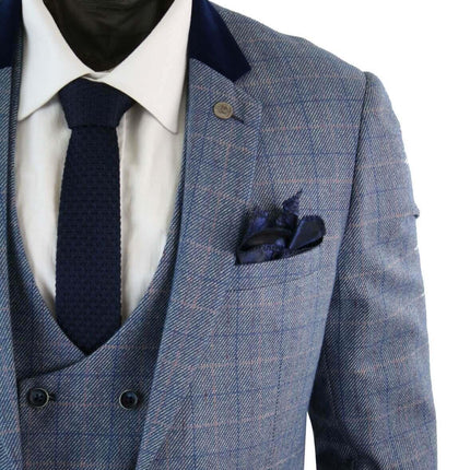 Mens 3 Piece Blue Grey Herringbone Check Suit
