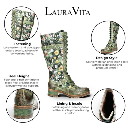 Laura Vita Women's Victorian Floral Green Leather High Lace-Up Long Boots - Cocrailo-82
