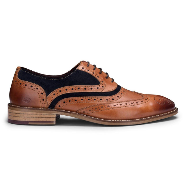 Mens Classic Oxford Tan Leather Gatsby Brogue Shoes With Navy Suede