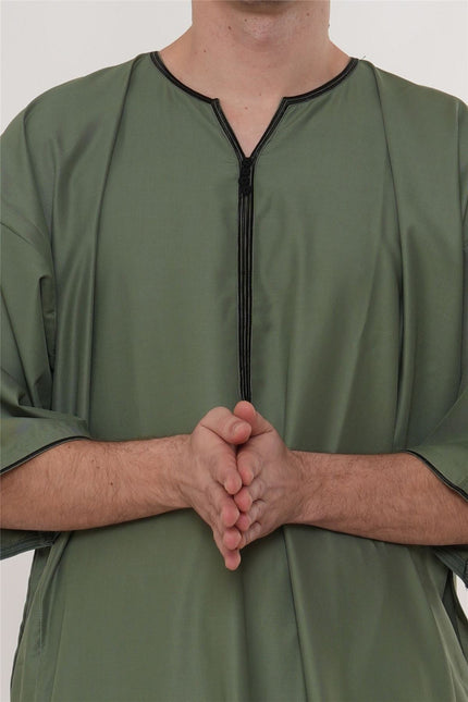 Men's Ramadan Olive Green Moroccan Gandoura Thobe Robe Djellaba Eid Jubba- TT-006