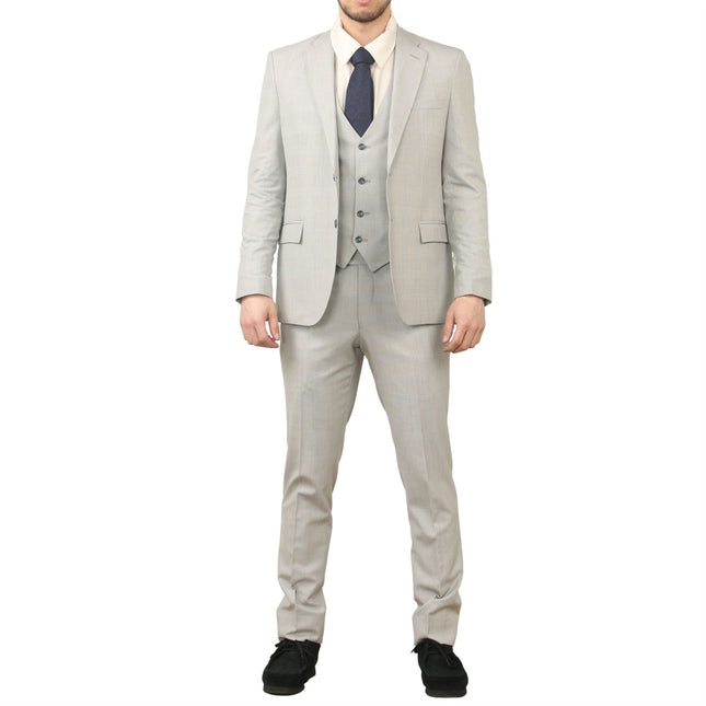 Men's 3 Piece Prince Of Wales Grey Suit Workwear