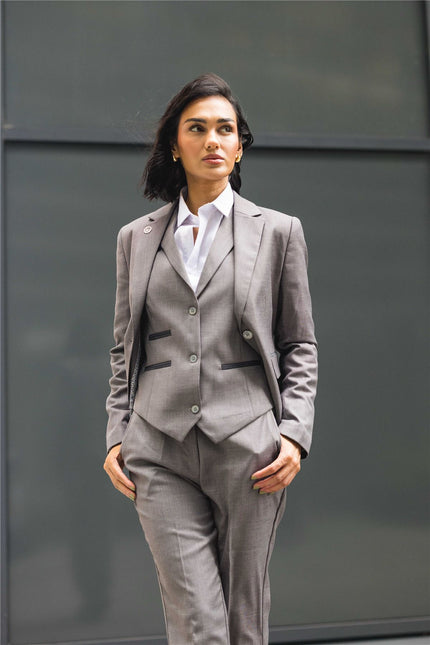 Women's 3 Piece Tailored Fit Plain Grey Formal Office Suit