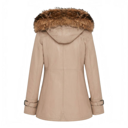 Womens Beige Warm Leather Hooded Parka Jacket-Northwich