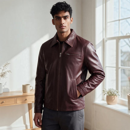 Mens Leather Brown Harrington Collar Biker Jacket - Arick