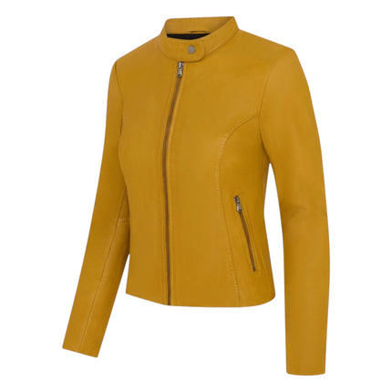 Womens Yellow Leather Stand Collar Racer Biker Jacket - 181