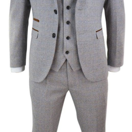 Mens 3 Piece Cream Tweed Check Vintage Retro Suit