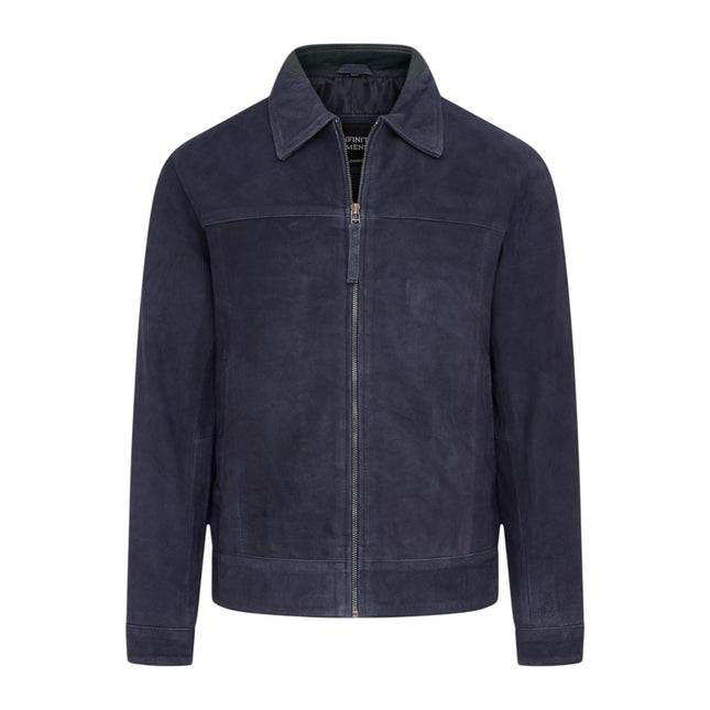 Mens Navy Goat Suede Leather Harrington Biker Jacket - Berlin