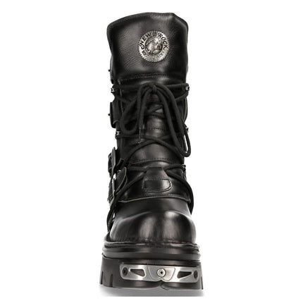 New Rock Unisex Black Leather Gothic Mid-Calf Boots - 373-S4