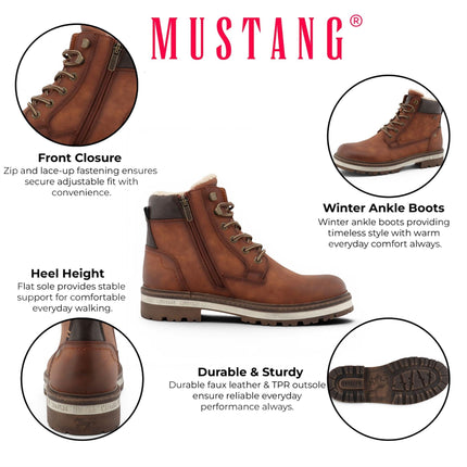 Mustang Men's Cognac Brown Faux Leather Winter Lace-Up Ankle Boots - M0091001