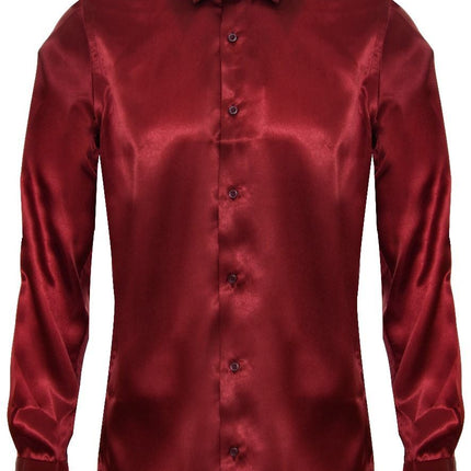 Mens Wine Satin Silk Shirt Smart Casual Button Down Cuff Tailored Fit