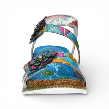 Laura Vita Women's Bonito 32 Turquoise Blue Floral Leather Wedge Espadrille Sandals