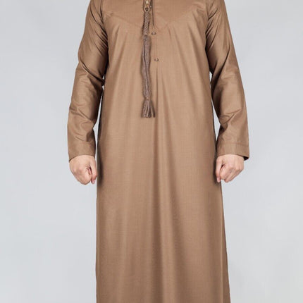 Men's Brown Thobe Emirati Islamic Jubba Robe Eid Tassel Slim Fit