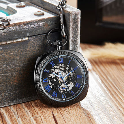 Mechanical Black Blue Vintage Skeleton Square Open-Face Pocket Watch