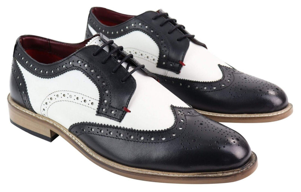 Mens Classic Oxford Brogue Gatsby Shoes In Black/White Leather