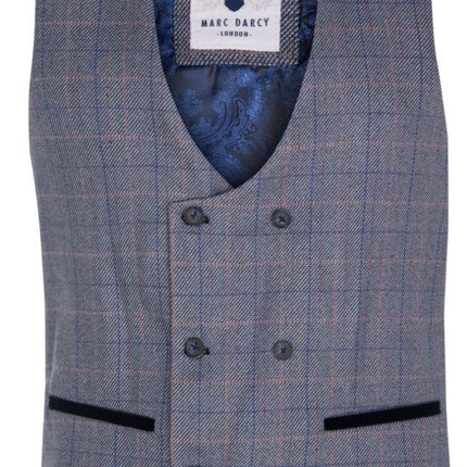 Mens 3 Piece Blue Grey Herringbone Check Suit