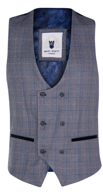 Mens 3 Piece Blue Grey Herringbone Check Suit