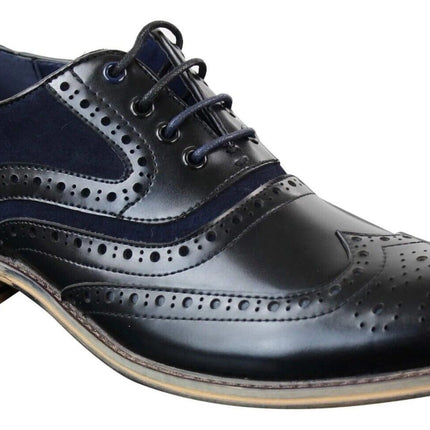Mens Classic Navy Suede Oxford Brogue Shoes In Black Leather