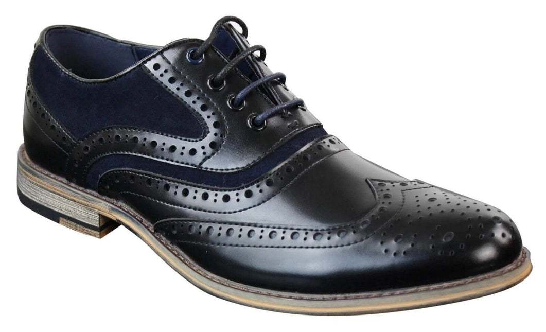 Mens Classic Navy Suede Oxford Brogue Shoes In Black Leather