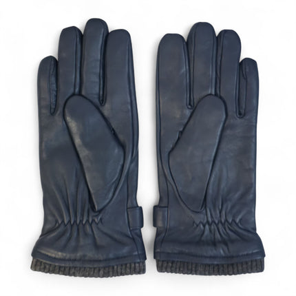 Men’s Navy Blue Italian Leather Warm Wool Lining Winter Knit Rib Gloves - M-LGV-105