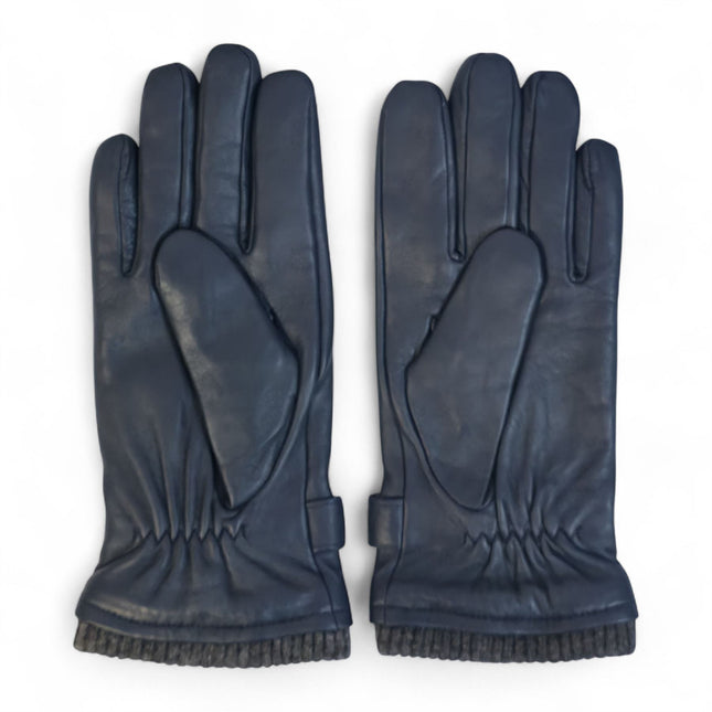 Men’s Navy Blue Italian Leather Warm Wool Lining Winter Knit Rib Gloves - M-LGV-105