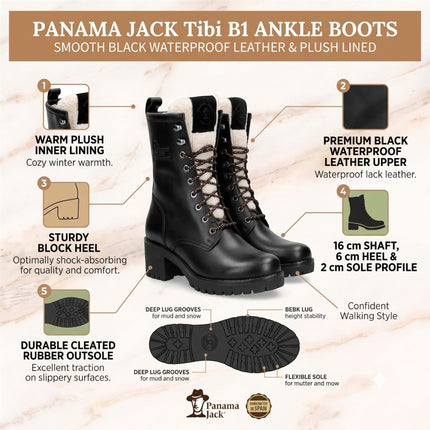 Panama Jack Women's Black Leather Waterproof Warm Heeled Lace-Up Boots - Tibi B1