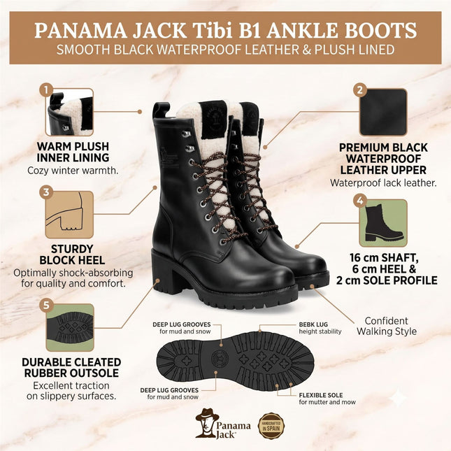Panama Jack Women's Black Leather Waterproof Warm Heeled Lace-Up Boots - Tibi B1