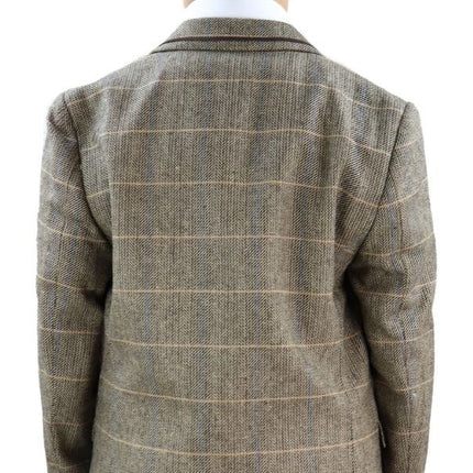 Boys 3 Piece Tan Brown Herringbone Tweed Check Classic  Suit