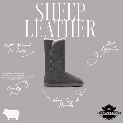 Women's Sheepskin Suede Grey Button Warm Winter Calf Boots - Willow