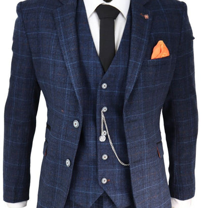 Mens 3 Piece Navy Blue Tweed Check Vintage Retro Classic Suit