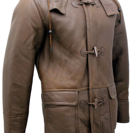 Mens Sheepskin Leather Hooded Duffle Coat-Hanko