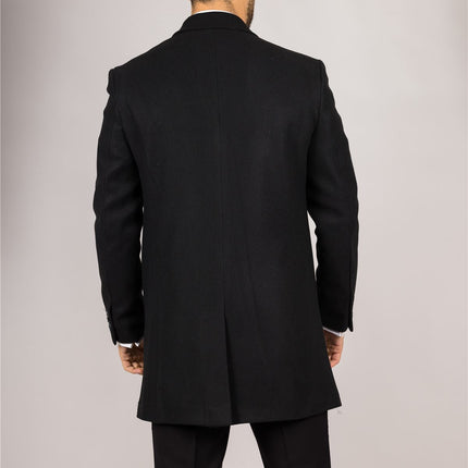 Men's Notched Lapel Collar Wool Blend Black Overcoat