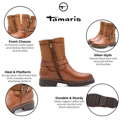 Tamaris Womens Winter Cognac Tan Brown Leather Buckle Zip Biker Ankle Boots