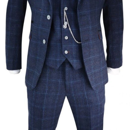 Mens 3 Piece Navy Blue Tweed Check Vintage Retro Classic Suit