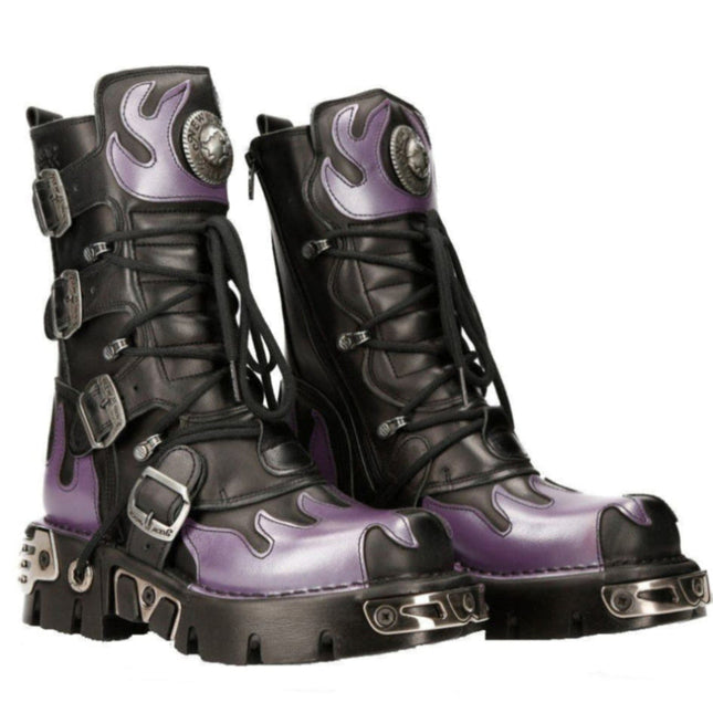 New Rock Flame Accented Black/Red Leather Biker Skull Boots- M-591-S5