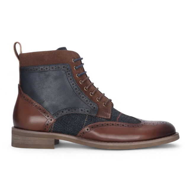 Justin Reess Men's Brown Leather Navy Tweed Oxford Shoes - Teddy