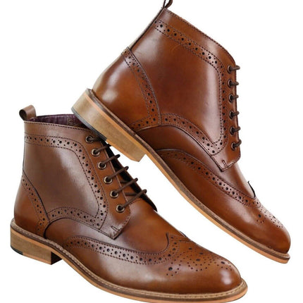 Mens Classic Oxford Brogue Ankle Boots In Tan Leather