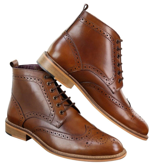 Mens Classic Oxford Brogue Ankle Boots In Tan Leather