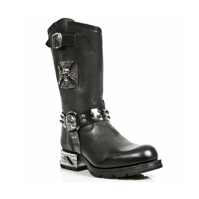 Black leather boot with metal accents on a white background