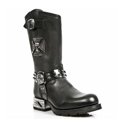 New Rock Men's Black Leather Gothic Cowboy Boots - MR030-S1