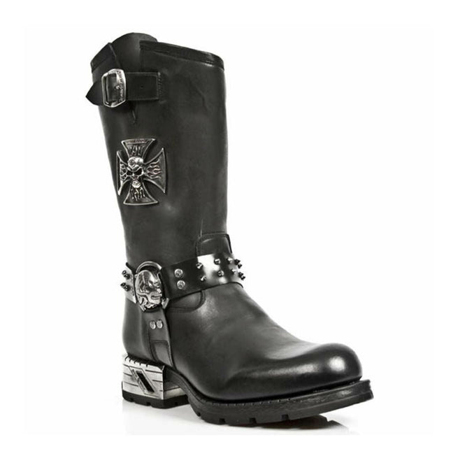 New Rock Men's Black Leather Gothic Cowboy Boots - MR030-S1