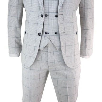 Mens 3 Piece Light Grey Check Tweed Vintage Retro Classic Suit