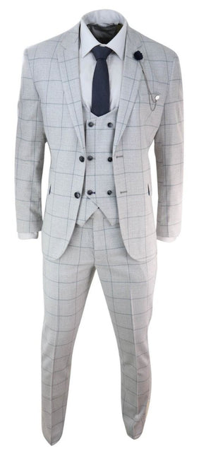 Mens 3 Piece Light Grey Check Tweed Vintage Retro Classic Suit