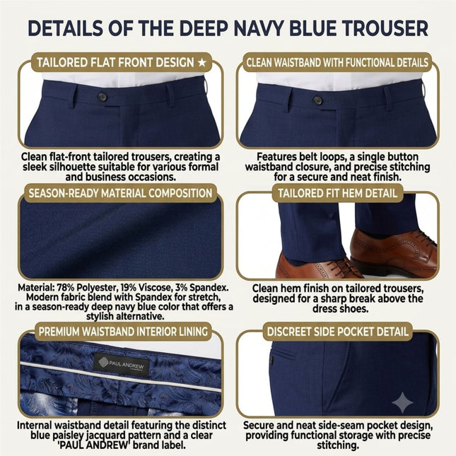 Men's Navy Formal Pants Tailored Fit Trousers - Belmont