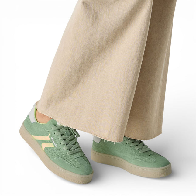 Tamaris Women's Green Leather Neon Stripes Trainers Sneaker Shoes