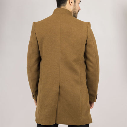 Men's Tan Stand Collar Wool Blend Overcoat