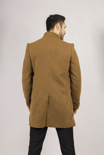 Men's Tan Stand Collar Wool Blend Overcoat