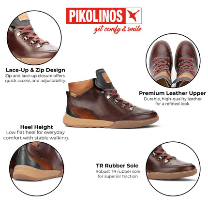 Pikolinos Women's Caoba Red Leather Lace-Up Sneakers Trainer Shoes - Viana